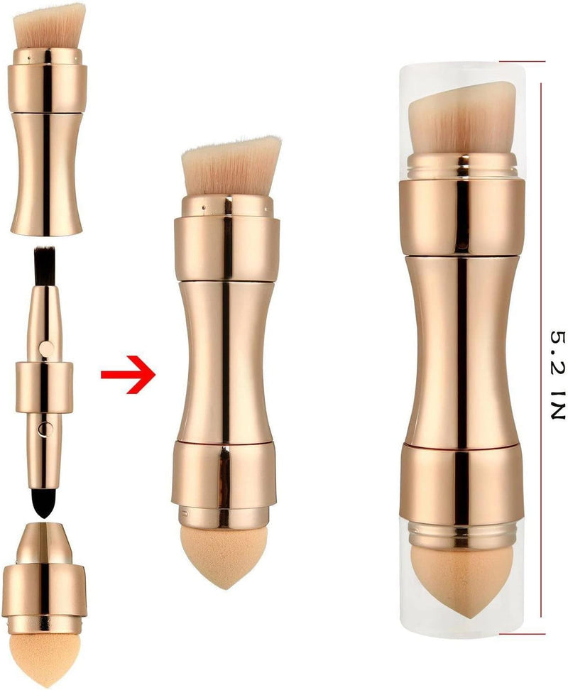 Foundation Sponge Mini Face Makeup Brush, 4 in 1 Makeup Brushes Tools Face Makeup Brush Soft Hair Portable Elastic Sponge Head Eyeshadow Lip Powder Travel Buffing Stippling Makeup Tools for Home Use