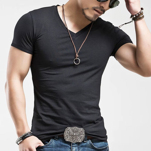 Brand New Mens T Shirt Pure Color V Collar Short Sleeved Men T-Shirt Black Tights Man T-Shirts Fitness for Male Clothes
