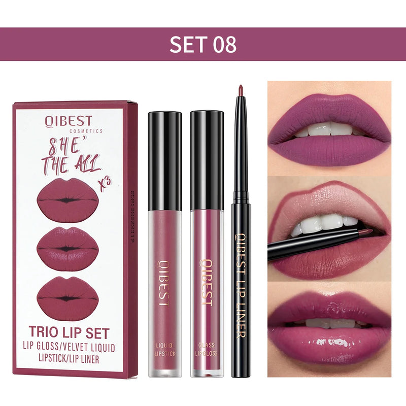 3Pcs Lip Makeup Sets Lip Gloss Glaze Tint Long-Lasting Matte Liquid Lipstick Waterproof Sweatproof Lip Liner Pencil Contour Kits