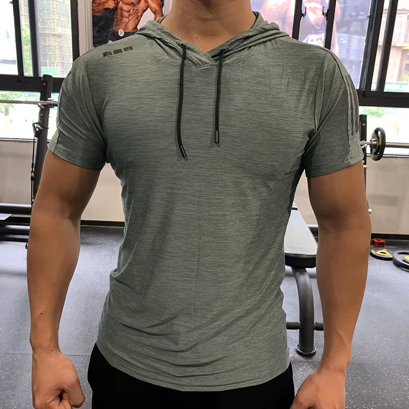 GYM Sport Hooded Running Men T Shirt Fitness Slim High Elasticity Breathable Quick Dry Bodybuilding Mens Tshirt Men Tee Tops