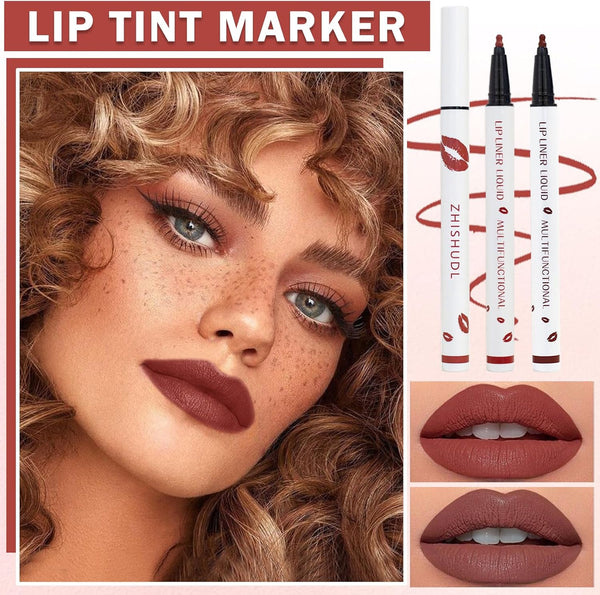 2PCS Lip Tint Stain Marker Dark Red Matte Liquid Lipstick & Lip Liner Pencil Long Lasting Waterproof Lip Liner Stain Non-Stick Cup Lip Makeup Stain Liner Marker + 01Dark Red + 06 Cherry Red