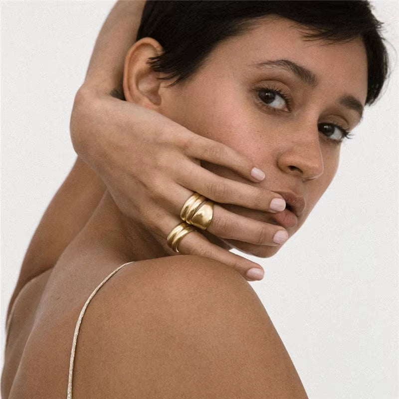 Stainless Steel Minimalist Double Layers Wide Glossy Rings Statement Designed Rings for Women Street Style Sisters' Ring