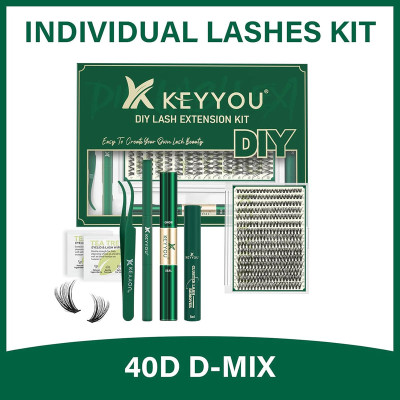 DIY Lash Extension Kit  300Pcs Individual Eyelash Extension Kit 40D 0.07D Curl 8-16MIX Lash Clusters with Lash Glue Remover Applicator Easy to Use for Beginners(40D-0.07D,8-16Mix)
