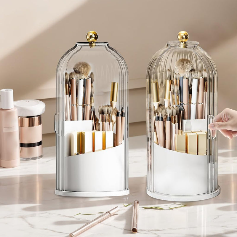 Makeup Brush Holder Case, 360° Rotating Cosmetic Organizer with Dustproof Lid, Spinning Comestic Storage Organizer for Vanity and Bathroom (White)