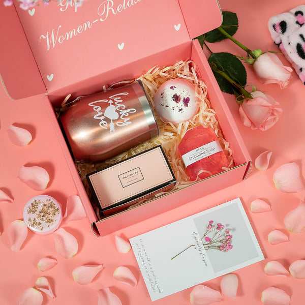 Pink Relaxing Spa Gift Box Basket for Her, Unique Birthday Gift Set for Women, Includes Tumbler, Bath Bomb, Candles, Soap, Shower Steamers, Headband, Hair Clip, Ribbon & Card