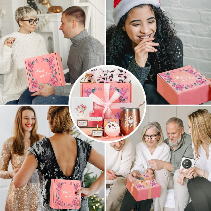 Pink Relaxing Spa Gift Box Basket for Her, Unique Birthday Gift Set for Women, Includes Tumbler, Bath Bomb, Candles, Soap, Shower Steamers, Headband, Hair Clip, Ribbon & Card